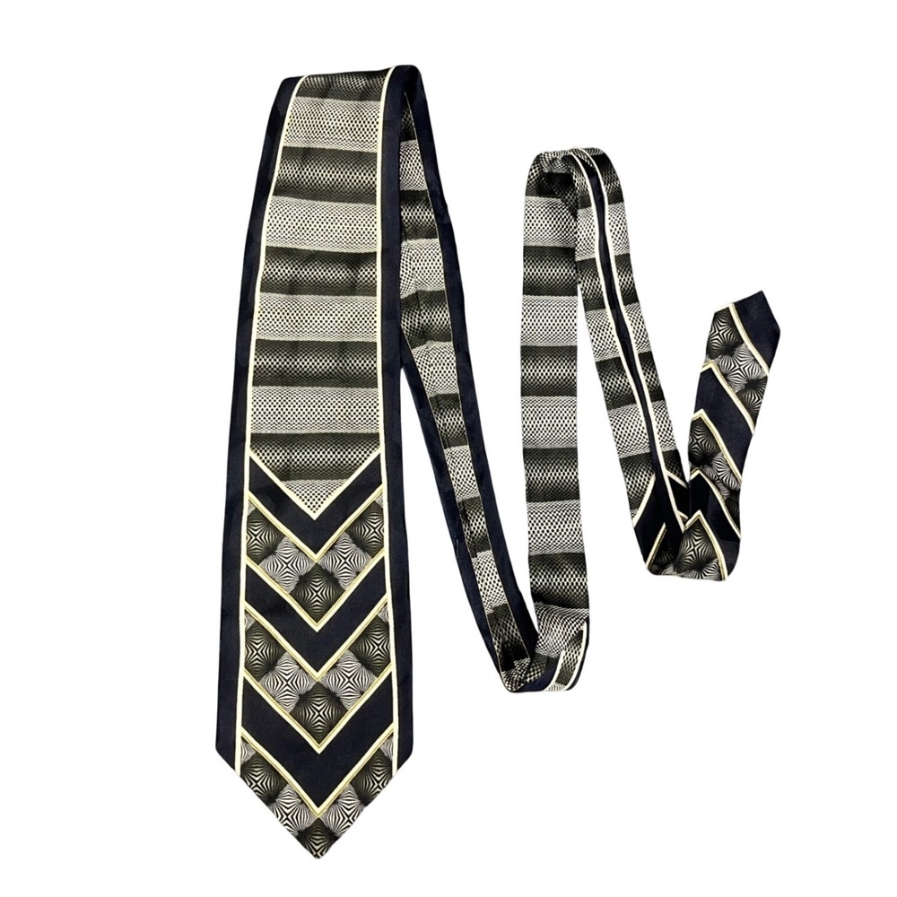 Franco Di Napoli Mens‎ Silk Tie Navy Gold Geometric Chevron Striped Hand Made